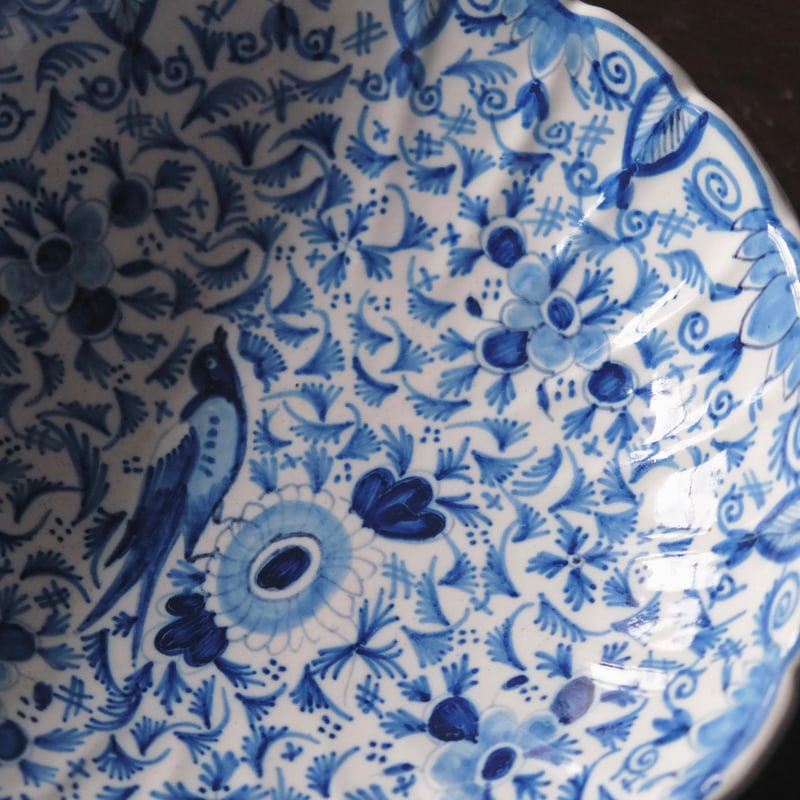 オランダ デルフト 染付コバルト 花文皿 18～19世紀 810 18世紀 デルフト Delft 輪花 ボウル サラディエ オランダ アンティーク