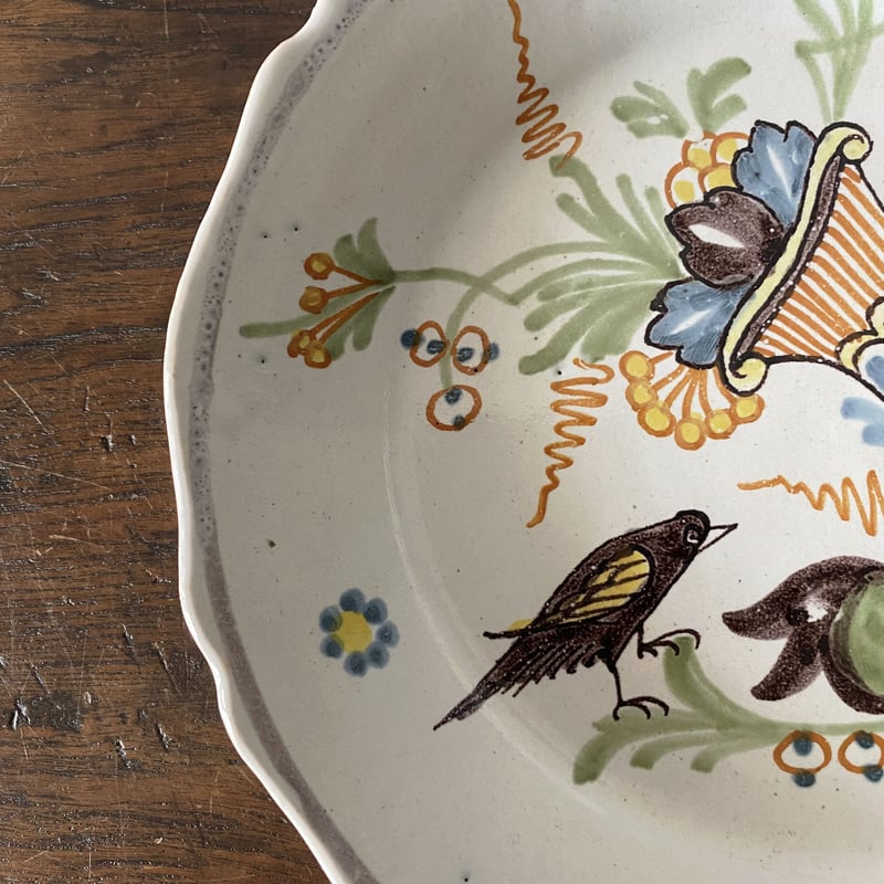 Nevers ヌヴェール 花鳥絵皿 φ22.5cm フランス アンティーク