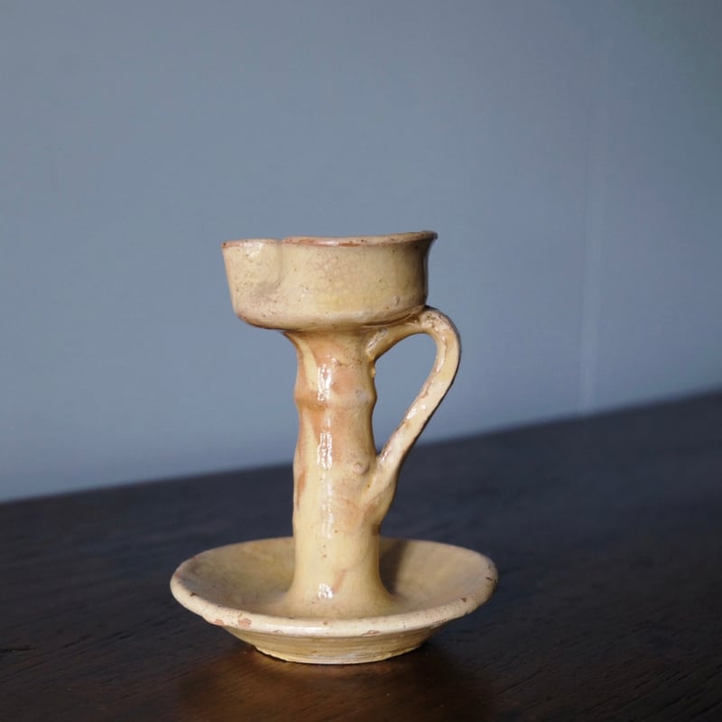 黄釉 陶器 秉燭 オイルランプ フランス アンティーク 050005