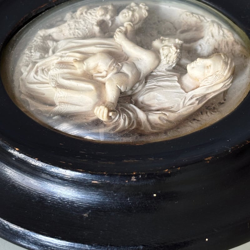 19世紀 聖母子と洗礼者ヨハネ メダイヨン 額装品 h14.5cm フランス