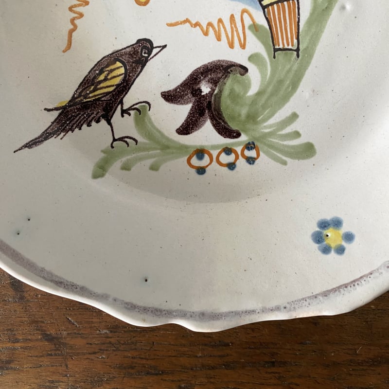 Nevers ヌヴェール 花鳥絵皿 φ22.5cm フランス アンティーク 0501301 |