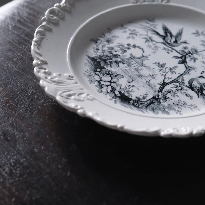 David Johnston ボルドー 花鳥柄 グリザイユ皿 レリーフ 平皿