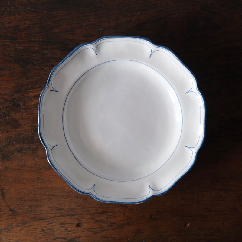Moustiers 青線 花リム 平皿 φ24.6cm フランス アンティーク b Moustiers 青線 花リム 平皿 φ24.6cm フランス アンティーク b