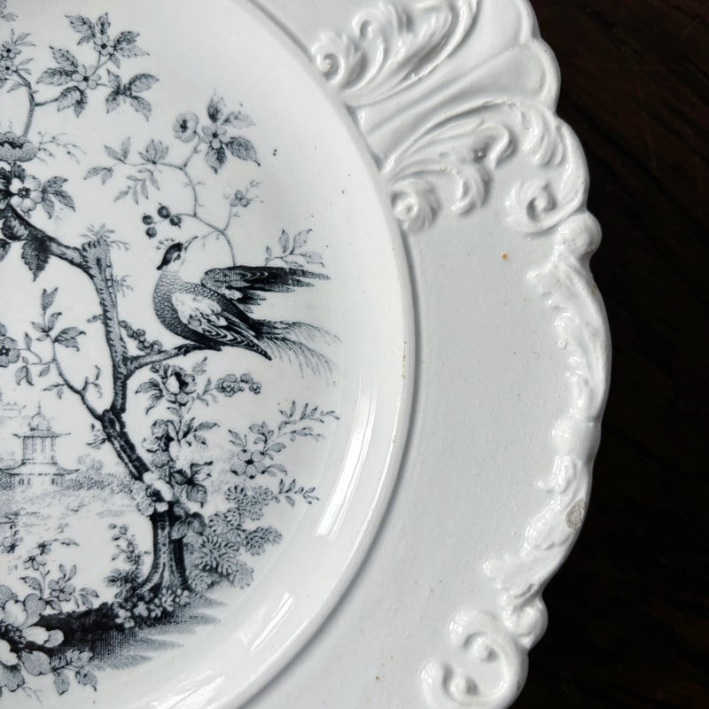 David Johnston ボルドー 花鳥柄 グリザイユ皿 レリーフ 平皿