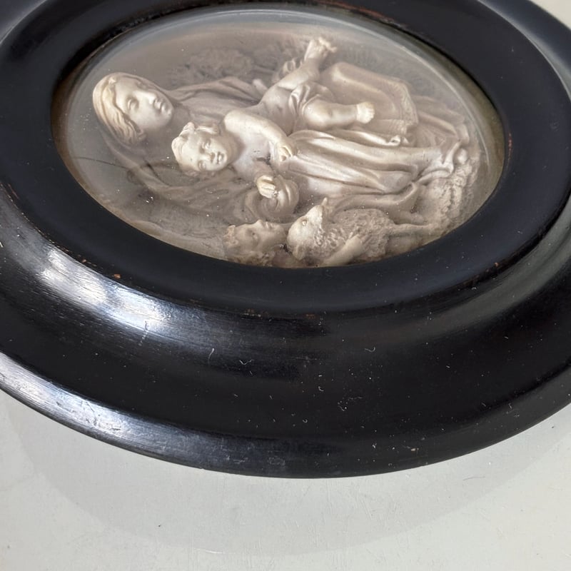 19世紀 聖母子と洗礼者ヨハネ メダイヨン 額装品 h14.5cm