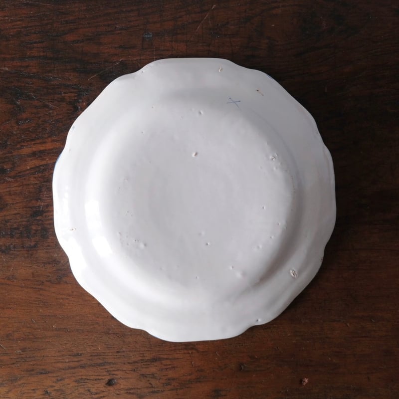 Moustiers 青線 花リム 平皿 φ24.6cm フランス アンティーク b 05017