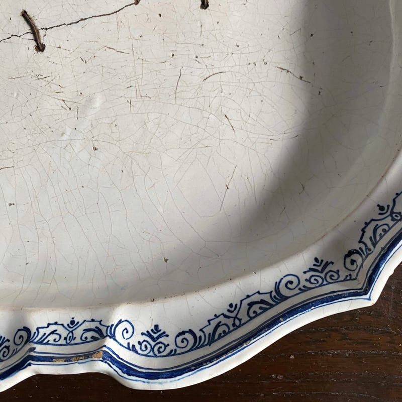 美品！フランスアンティーク　ムスティエ　オーバル大皿 Moustiers ムスティエ 鎹 修繕 花リム オーバル皿 楕円皿