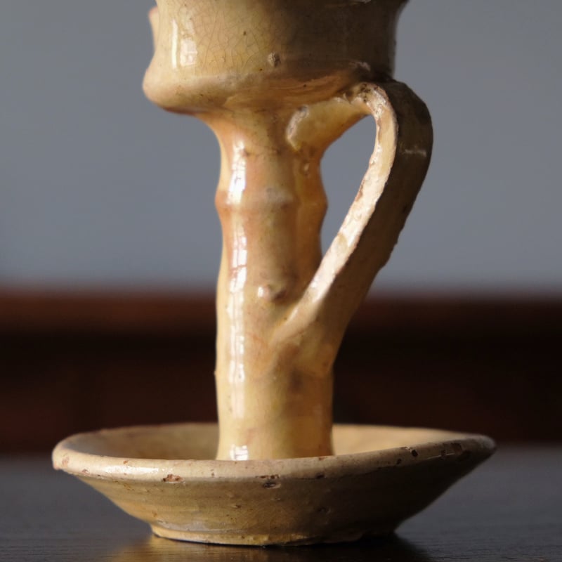 黄釉 陶器 秉燭 オイルランプ フランス アンティーク 050005