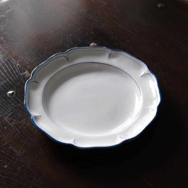 Moustiers 青線 花リム 平皿 φ24.6cm フランス アンティーク b 05017