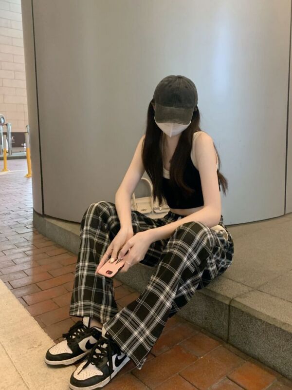 カジュアル 折り返しチェック ワイドパンツ ルーズ ラフ チェックルーズワイドパンツ | EYARN