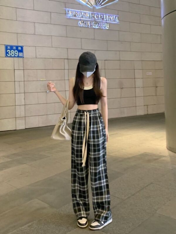 チェック ワイド カーブ パンツ ルーズ ストリート 韓国 nr8163 ベルシー Belle Cie カーブパンツ ワイド ストレート カーゴ
