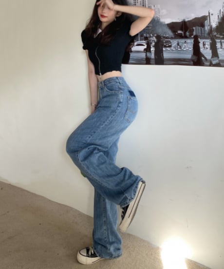 ヒップツートンカラー ワイドデニムパンツ