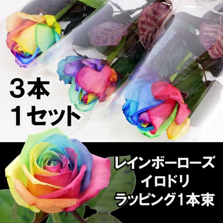レインボーローズ イロドリ Mサイズ 1本ラッピング×３ セット 一輪花束 生花バラ フラワーギフト 安心のメーカー直販 (注文個数1で3本)