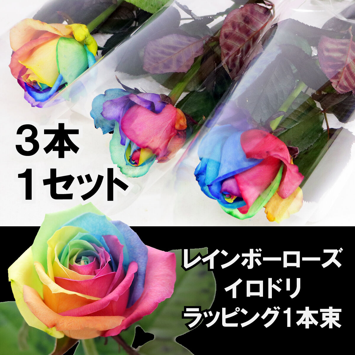 レインボーローズ イロドリ Mサイズ 1本ラッピング×3 セット 一輪花束