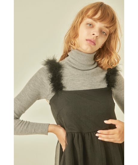 fur strap tulle frill long onepiece