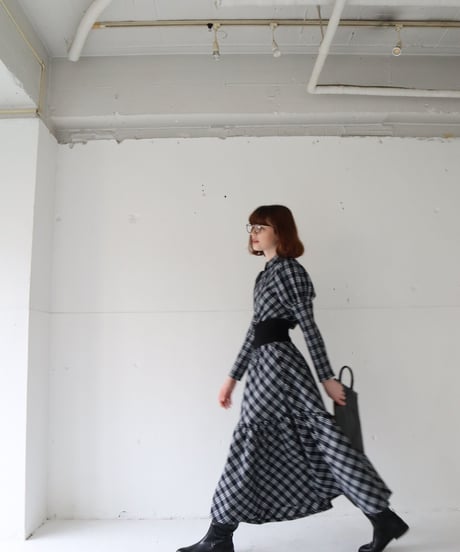 waist rib tiered long skirt check black