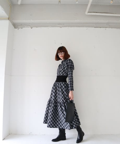waist rib tiered long skirt check black