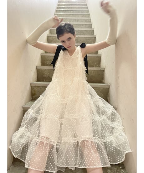 shoulder ribbon tiered one-piece dot tulle