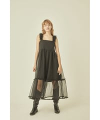 fur strap tulle frill long onepiece