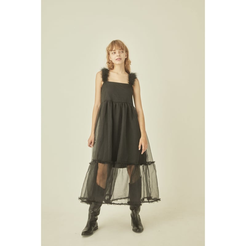 fur strap tulle frill long onepiece | BONNE fur strap tulle frill long onepiece | BONNE