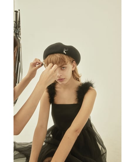 fur strap tulle frill long onepiece