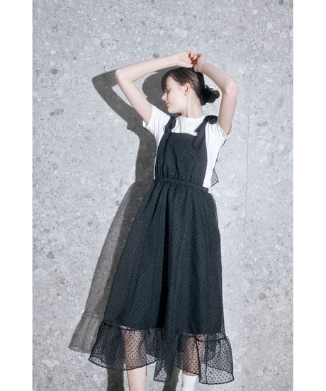 see-through dot long ribbon one-piece black