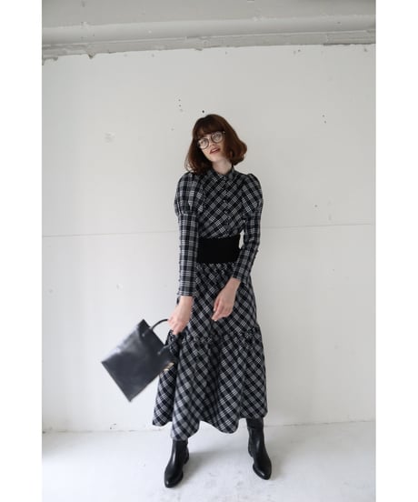 waist rib tiered long skirt check black