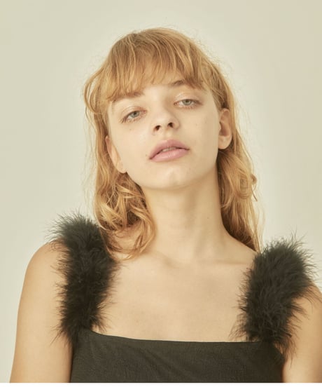 fur strap tulle frill long onepiece