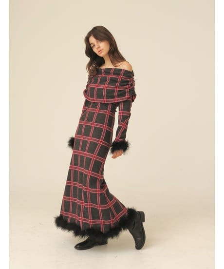 off shoulder fur one-piece grayxred