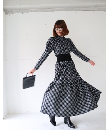 waist rib tiered long skirt check black
