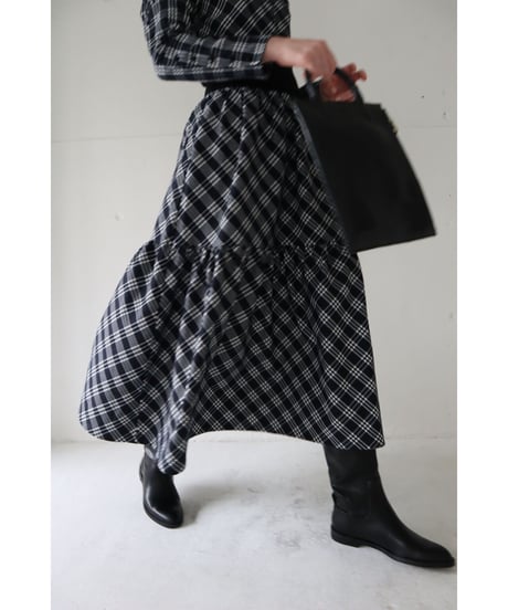 waist rib tiered long skirt check black