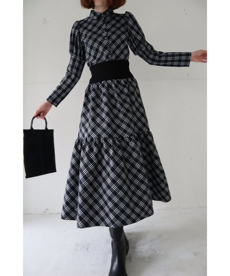 waist rib tiered long skirt check black