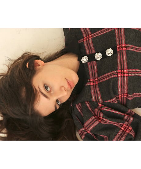 bijou button knit setup gray×red