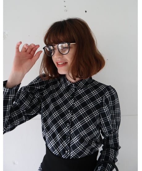 puff sleeve arm botton blouse check black