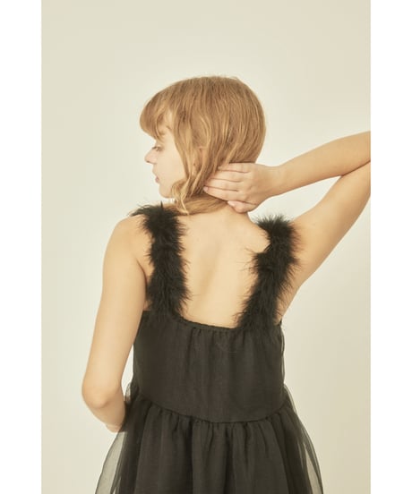fur strap tulle frill long onepiece