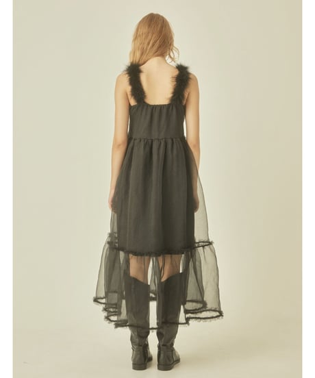 fur strap tulle frill long onepiece