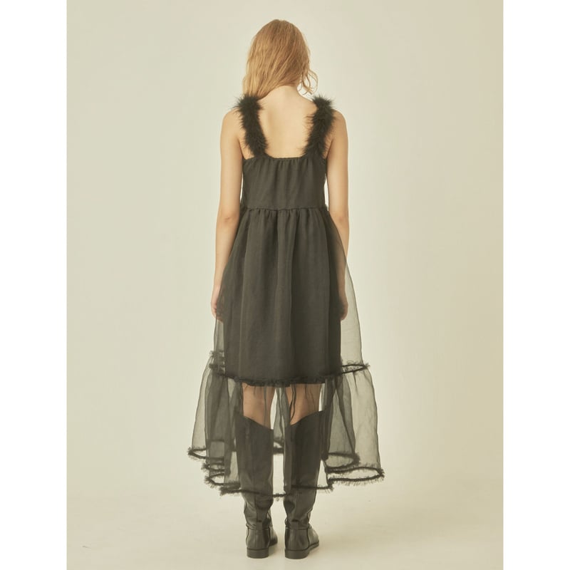 fur strap tulle frill long onepiece | BONNE fur strap tulle frill long onepiece | BONNE