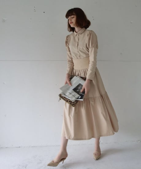 puff sleeve arm button blouse beige