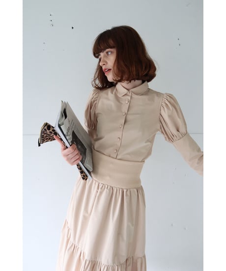 puff sleeve arm button blouse beige