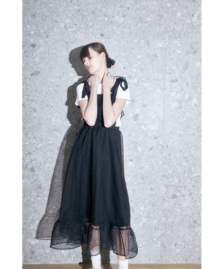 see-through dot long ribbon one-piece black