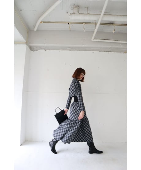 waist rib tiered long skirt check black