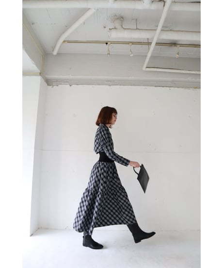 waist rib tiered long skirt check black