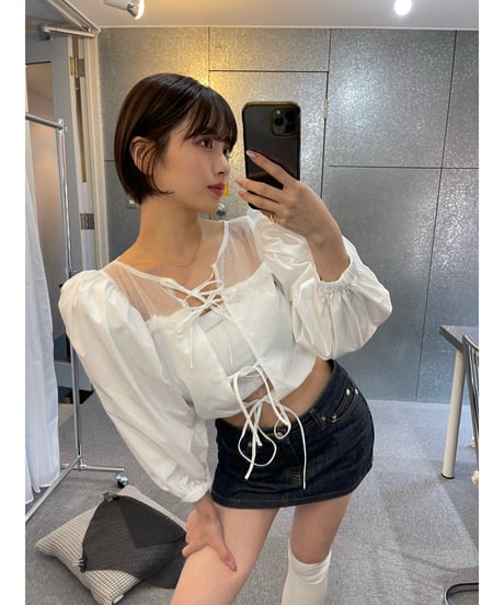 arm volume dot see-through docking blouse white
