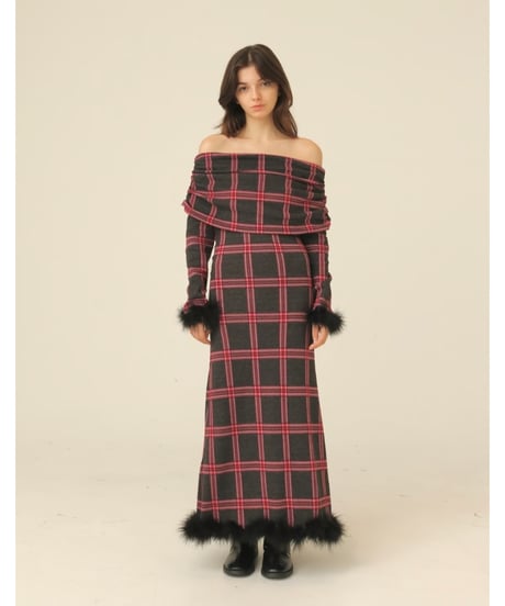 off shoulder fur one-piece grayxred