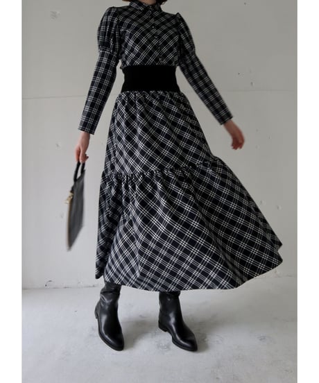 waist rib tiered long skirt check black