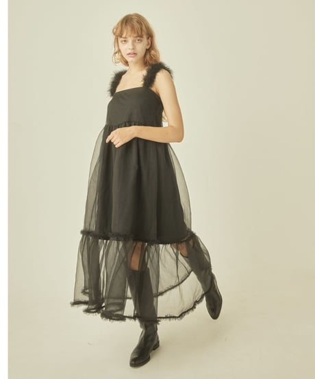 fur strap tulle frill long onepiece