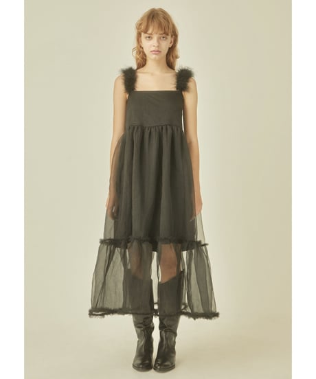 fur strap tulle frill long onepiece
