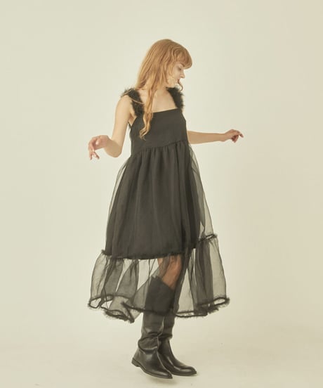 fur strap tulle frill long onepiece