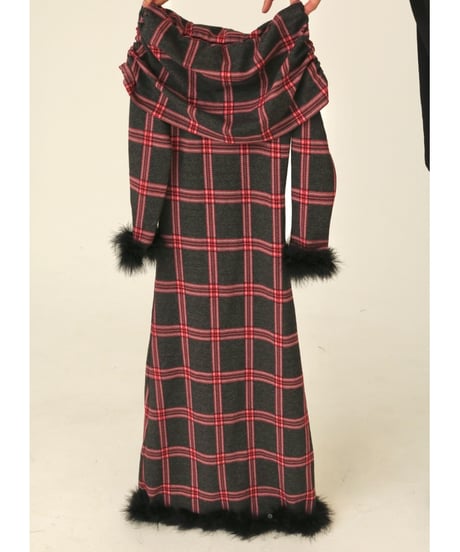 off shoulder fur one-piece grayxred