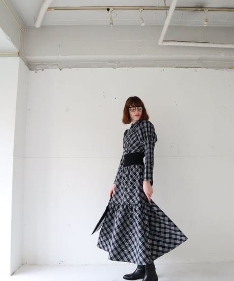 waist rib tiered long skirt check black